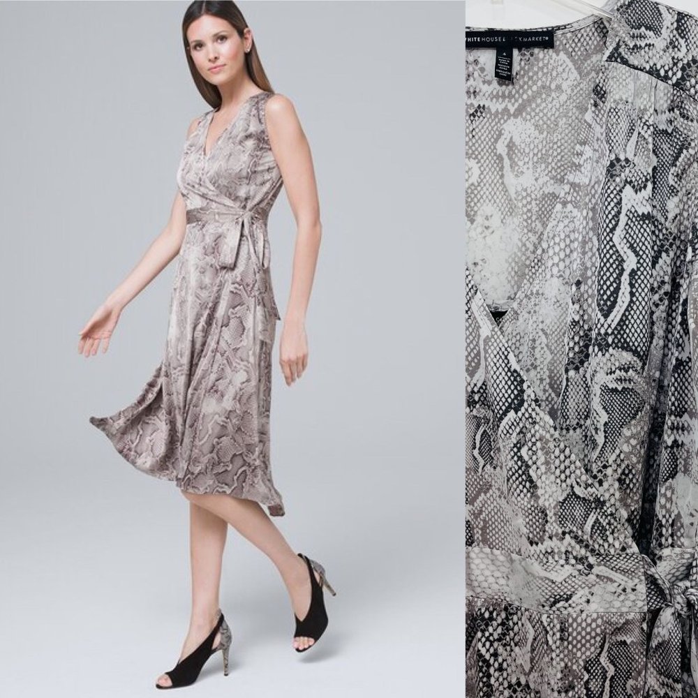 White House Black Market Women's Dress 6 Wrap Midi Snake Gray Sleeveless Hi Low